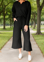 Load image into Gallery viewer, Solid Textured Collared V Neck Top and Wide Leg Pants Set