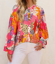 Load image into Gallery viewer, Floral Print Buttoned Ruffled Bubble Sleeve Shirt