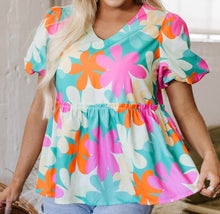 Load image into Gallery viewer, Floral Print Bubble Sleeve V Neck Peplum Blouse