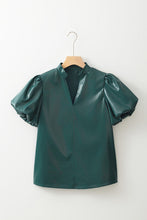 Load image into Gallery viewer, Green Notched V Neck Short Puff Sleeve Faux Leather Blouse