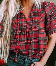 Load image into Gallery viewer, Plaid Pearl Embellished Ruffle Short Sleeve Blouse