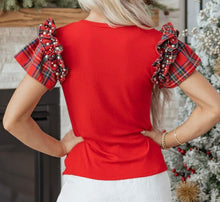 Load image into Gallery viewer, Red Plaid Pearl Ruffle Short Sleeve Loose T Shirt