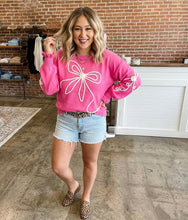 Load image into Gallery viewer, Bright Pink Corded Flower Bow Ribbed Trim Casual Sweater