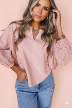 Load image into Gallery viewer, Keyhole Notch V Neck Batwing Sleeve Blouse