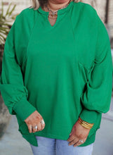 Load image into Gallery viewer, Green Exposed Seam Notched Neck Drop Shoulder Plus Sweatshirt
