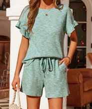 Load image into Gallery viewer, Heathered Textured Ruffle Sleeve Top and Drawstring Shorts Set