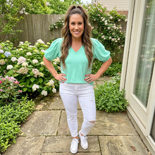 Load image into Gallery viewer, Solid Color V Neck Short Puff Sleeve Blouse