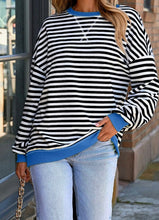 Load image into Gallery viewer, Striped Contrast Ribbed Trim Crossed Stitch Drop Shoulder Sweatshirt