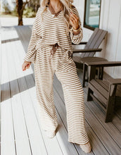 Load image into Gallery viewer, Striped Collared Pullover Top and Drawstring Pant Set