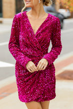 Load image into Gallery viewer, Pink Velvet Sequin Long Sleeve V Neck Wrapped Mini Dress