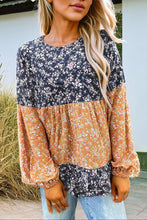 Load image into Gallery viewer, Floral Color Block Patchwork Ruffled Hem Round Neck Blouse