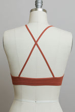 Load image into Gallery viewer, Breathable high neck crochet rust bralette with cross-back straps.