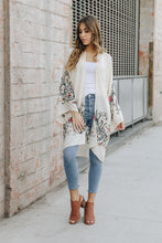 Load image into Gallery viewer, Floral print white kimono cardigan with stylish open-front design.