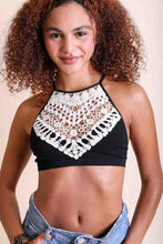 Load image into Gallery viewer, High neck halter black bralette with lace and stretchy fabric.