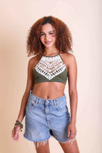 Load image into Gallery viewer, High neck halter olive bralette with crochet lace trim.