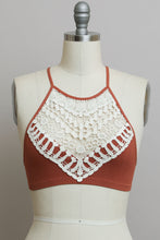 Load image into Gallery viewer, Lightweight crochet halter rust bralette with elegant design.