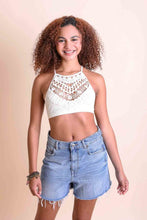 Load image into Gallery viewer, Lightweight halter crochet ivory bralette with cross-back straps.