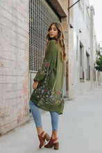 Load image into Gallery viewer, Lightweight olive floral kimono cardigan with breathable fabric.