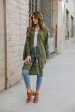 Load image into Gallery viewer, Open-front long olive floral cardigan for casual and formal looks.
