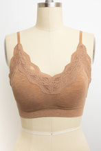 Load image into Gallery viewer, Seamless ribbed mocha bralette with lace trim and soft fabric.