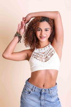 Load image into Gallery viewer, Soft crochet lace high neck ivory bralette with elegant fit.