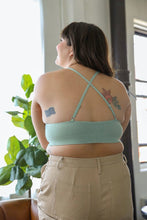 Load image into Gallery viewer, Stylish halter sage bralette with crochet lace trim and straps.