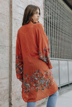 Load image into Gallery viewer, Stylish rust floral print kimono cardigan perfect for layering.