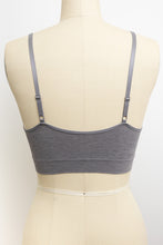 Load image into Gallery viewer, Lace trim gray bralette with ribbed design and padding.