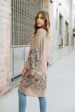 Load image into Gallery viewer, Versatile mocha floral kimono cardigan crafted with soft viscose blend.