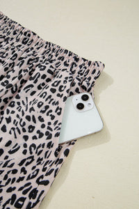 Leopard Half Zipper Collared Ruffled Sleeve Top and Short Set