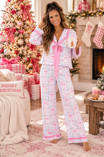 Load image into Gallery viewer, Wreath Pattern Christmas Holiday Tied Front Long Sleeve 2pcs Pajama Set
