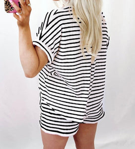 Stripe Knitted Short Sleeve Top and Drawstring Shorts Set