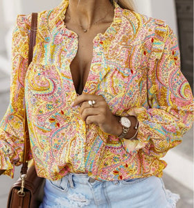 Paisley Print Ruffled Trim Boho Shirt