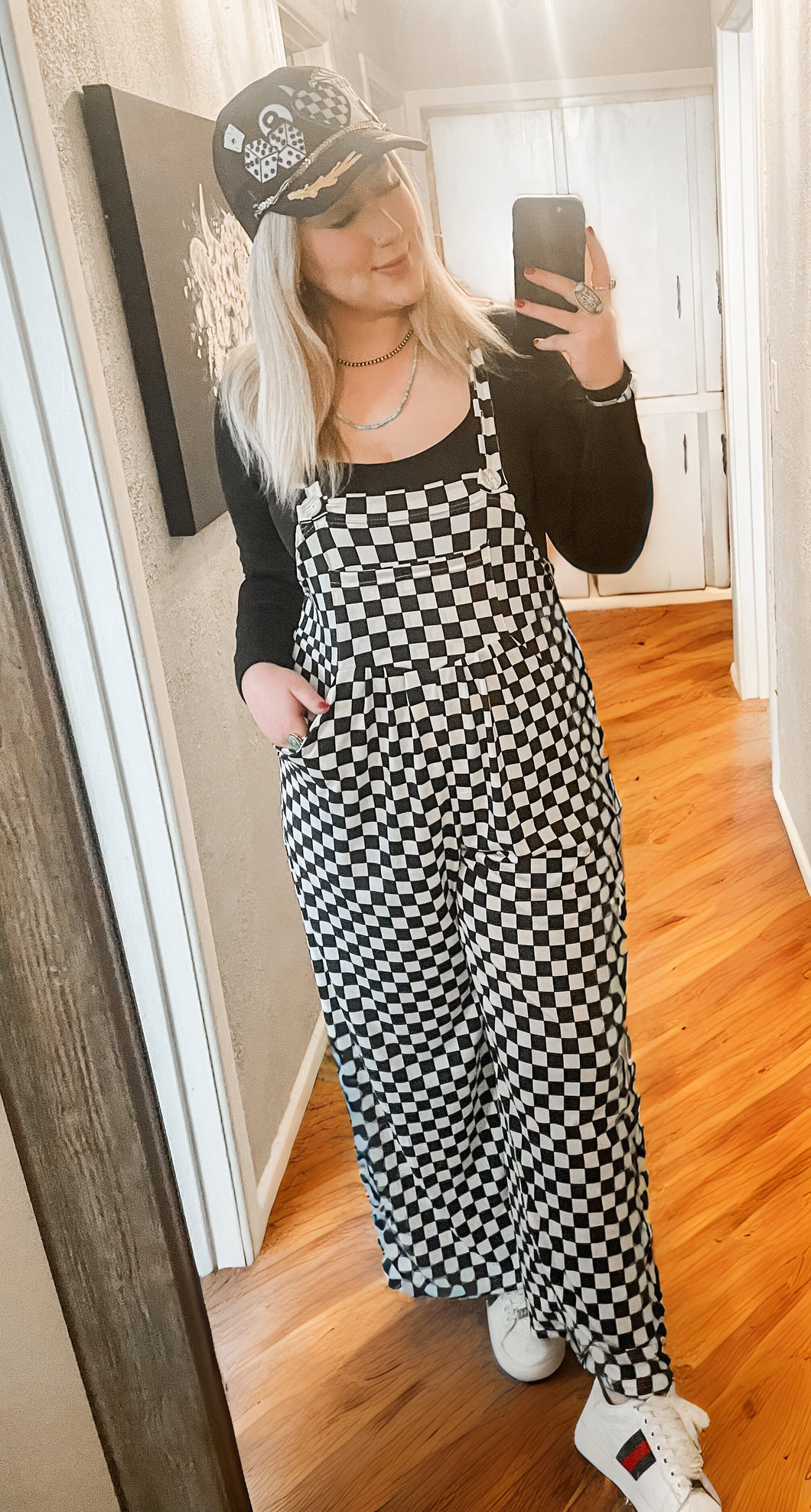 Checkered Print Pocketed Wide Leg Overalls