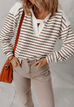 Load image into Gallery viewer, Stripe Textured Hooded V Neck Casual Long Sleeve Top
