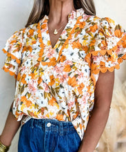 Load image into Gallery viewer, Orange Ruffled V Neck Scalloped Short Sleeve Floral Blouse
