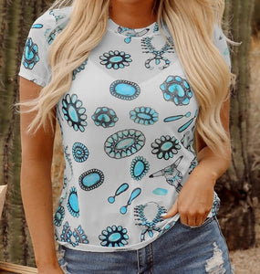 Turquoise Printed Crewneck Sheer Tee