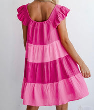 Load image into Gallery viewer, Crinkled Colorblock Patchwork Flutter Tiered Mini Dress
