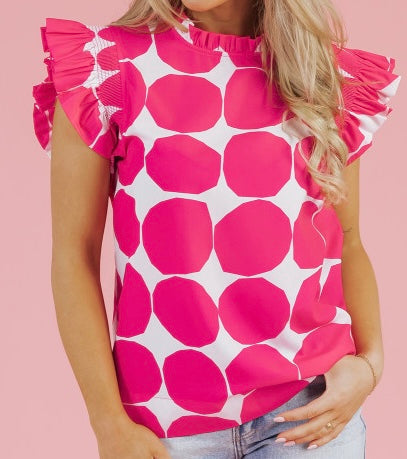 Pattern Frilled Collar Flutter Sleeve Top