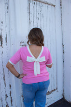 Load image into Gallery viewer, Colorblock Bow V-Shape Cut Back Short Sleeve Sweater

