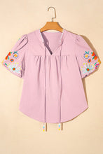 Load image into Gallery viewer, Floral Embroidered Puff Sleeve Split Neck Blouse
