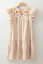 Load image into Gallery viewer, Linen Embroidery Split Neck Pom Pom Ruffle Sleeves Flowy Short Dress
