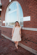 Load image into Gallery viewer, Linen Embroidery Split Neck Pom Pom Ruffle Sleeves Flowy Short Dress
