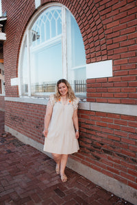 Linen Embroidery Split Neck Pom Pom Ruffle Sleeves Flowy Short Dress