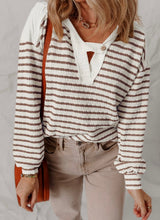 Load image into Gallery viewer, Stripe Textured Hooded V Neck Casual Long Sleeve Top
