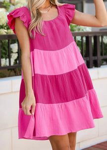 Crinkled Colorblock Patchwork Flutter Tiered Mini Dress