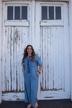 Load image into Gallery viewer, Blue Half Placket Chest Pockets Short Sleeve Wide Leg Jumpsuit
