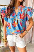 Load image into Gallery viewer, Blue Floral Print V Neck Pompom Trim Flutter Sleeve Blouse
