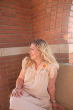 Load image into Gallery viewer, Linen Embroidery Split Neck Pom Pom Ruffle Sleeves Flowy Short Dress
