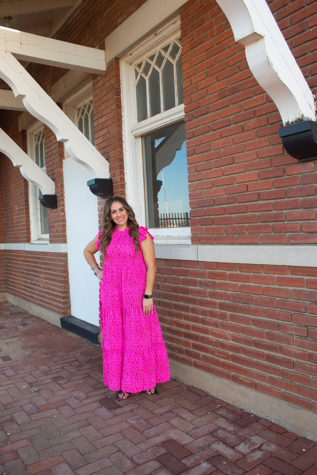 Rose Leopard Print Ruffled Trim Tiered Maxi Dress